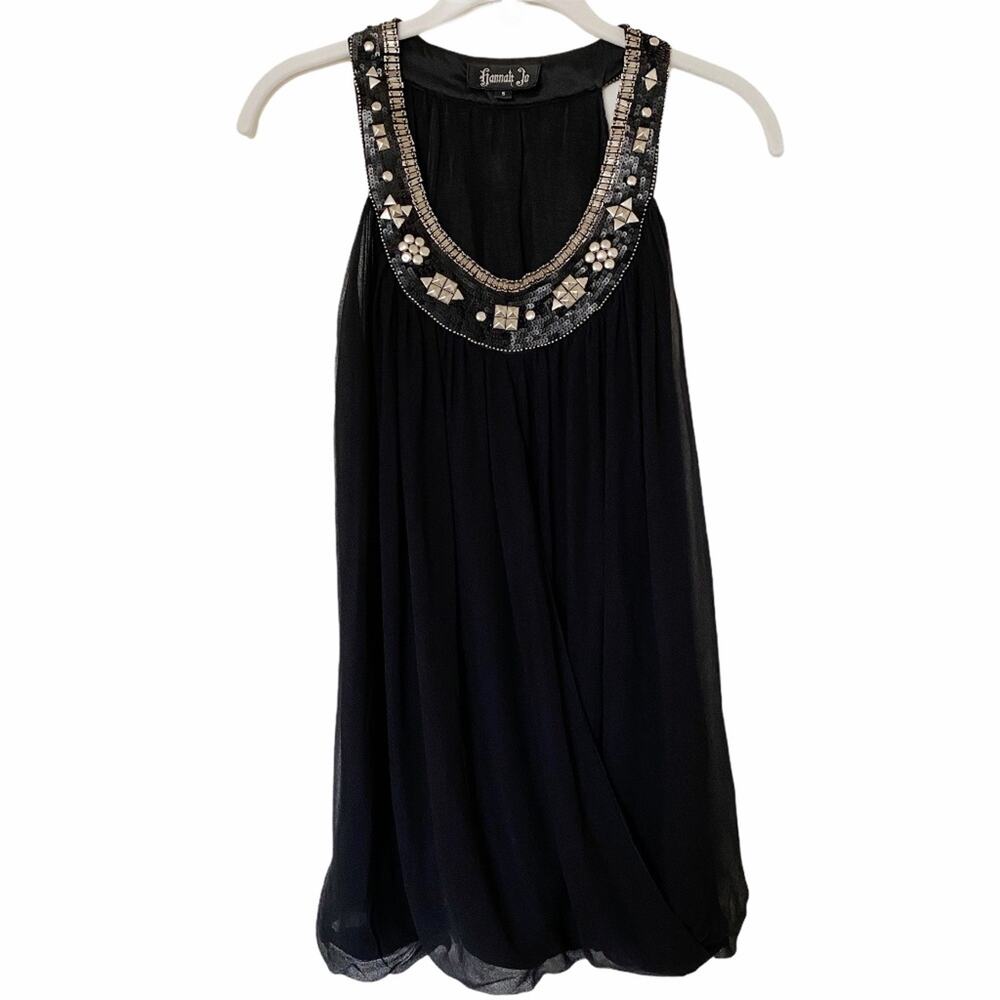 Hannah Jo Sleeveless Flowy Top Embellished 100% Silk Black Size Small